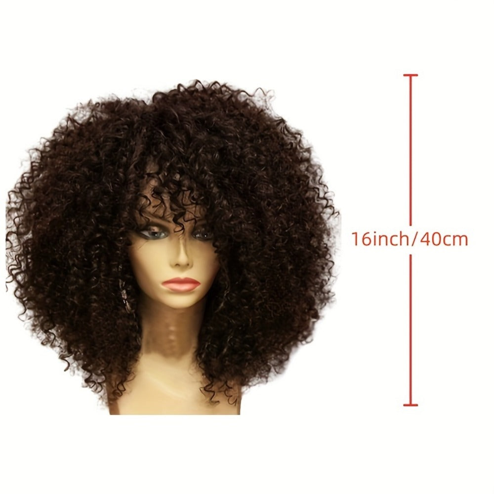 Synthetic Wig 16-Inch Kinky Curly Afro with Bangs in Color 1B and Elastic Cap for Parties and Cosplay — image 5