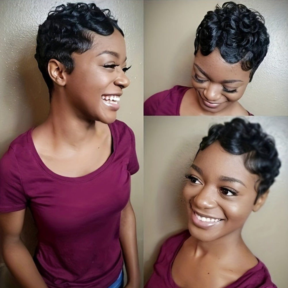 4-Inch Finger Wave Pixie Human Hair Wig with 180% Density, Rose Net Cap and 1B or 613 Color — image 3