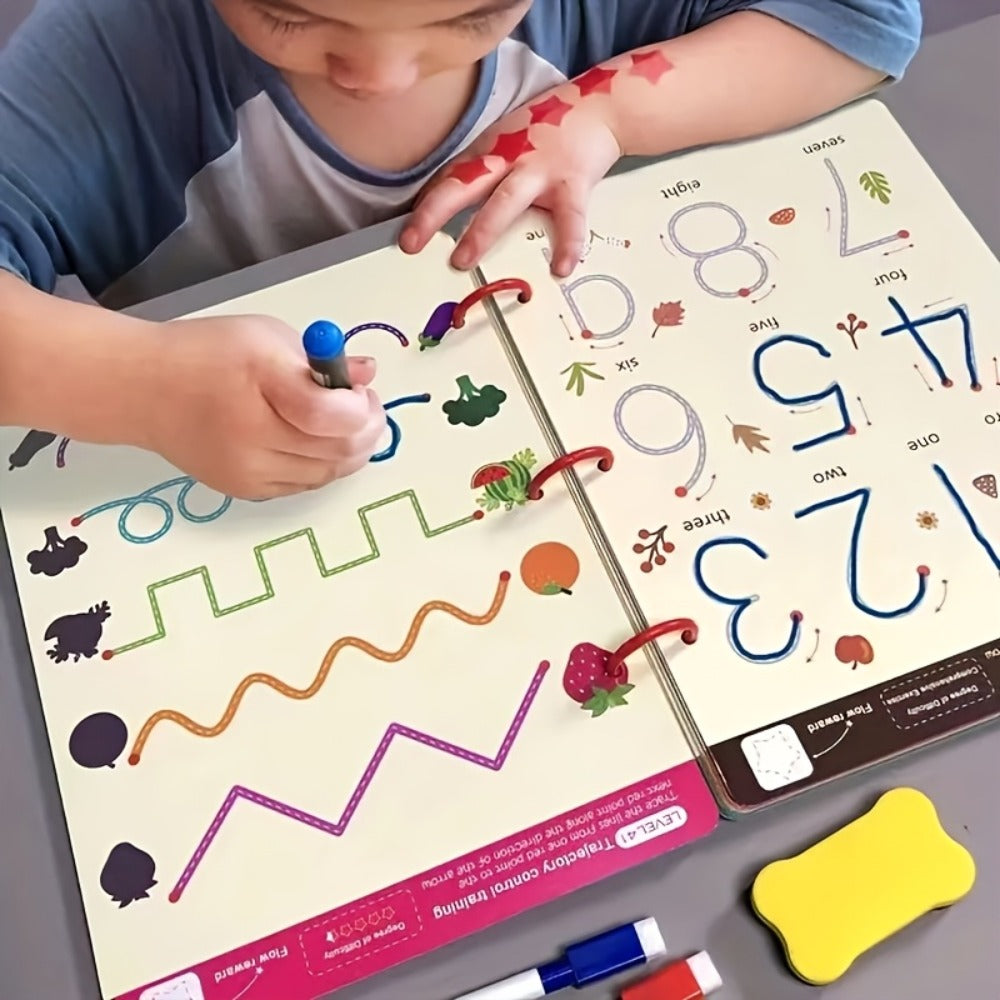Magic Practice Handwriting & Drawing Book Set for Kids Ages 3-8, 64 Pages Reusable Wipe Clean Workbook with 8 Erasable Pens &