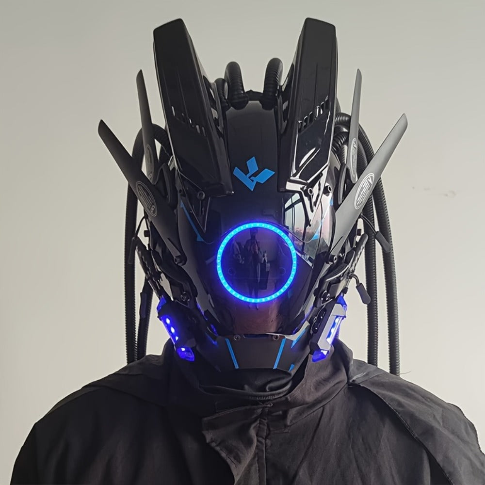 LED Braided Cyberpunk Costume Helmet with Circular Face Light and Blue, Green or Pink Accent Styles — image 23