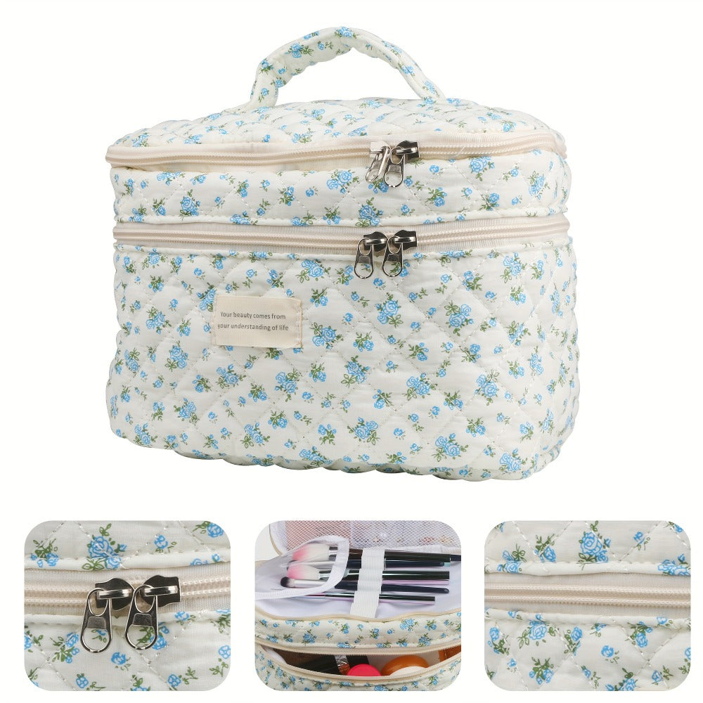 Makeup Bag Three-Piece Quilted Cotton Dual-Layer Floral Pouch Set for Travel, Vanity and Everyday Beauty Storage — image 5