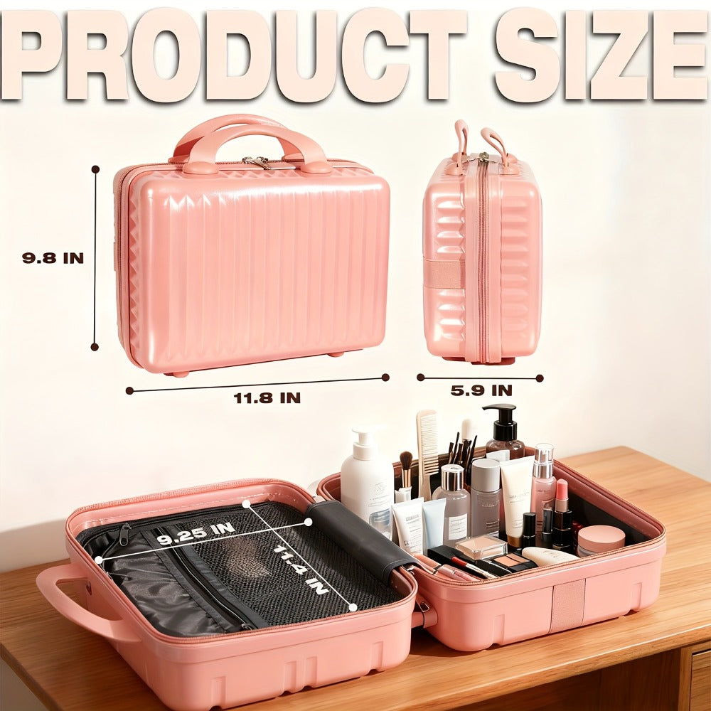 Hard Shell Makeup Travel Case Waterproof Pressure-Proof Portable Cosmetic Suitcase with Elastic Band Luggage Attachment Carry