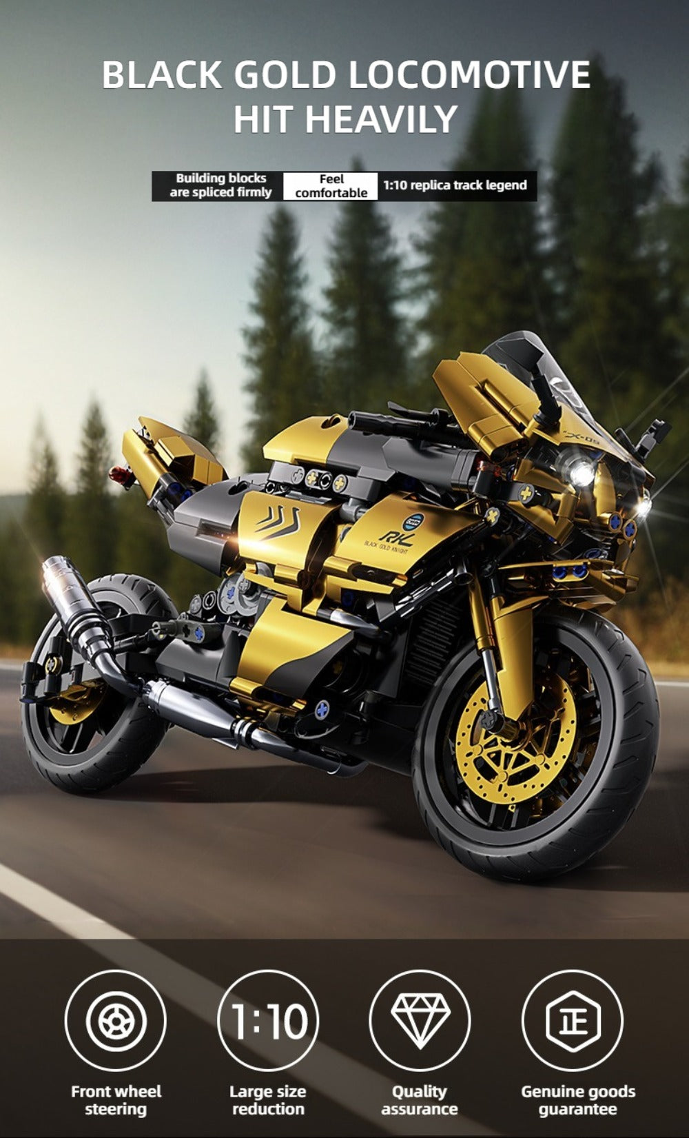 1000PCS Motorcycle Building Blocks 1:10 Scale DIY Black & Gold Motorbike Model Kit – Adult Collector Display Ornament — image