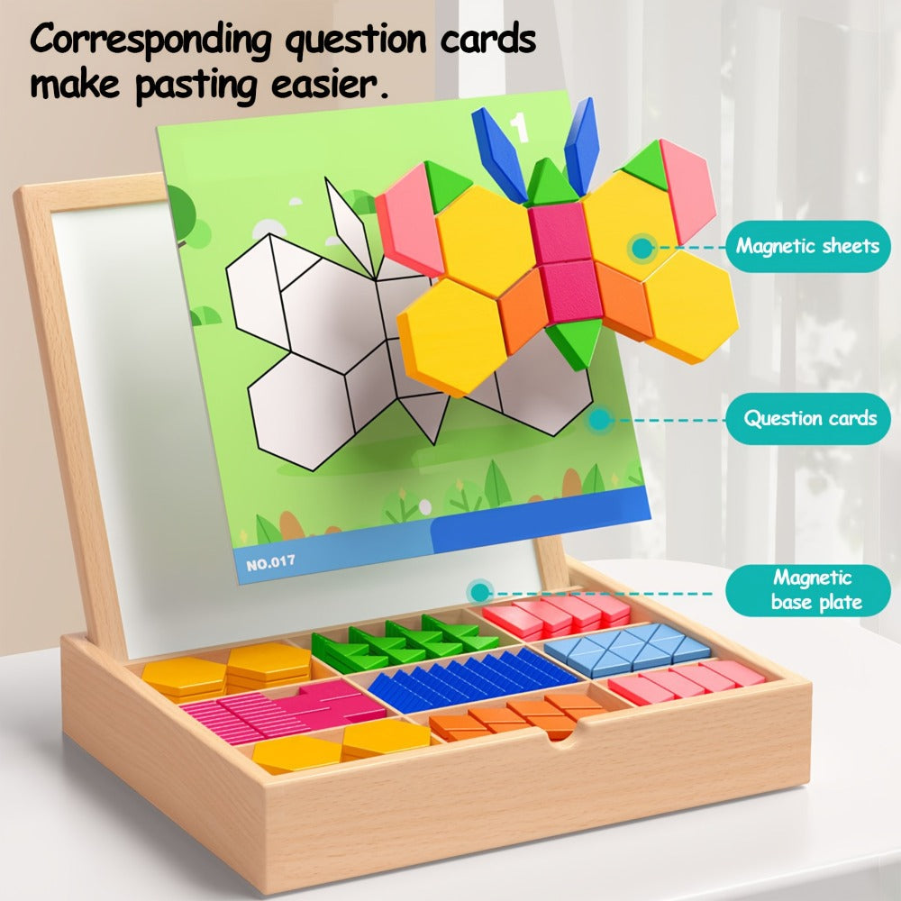 Magnetic Wooden Puzzle Blocks 128 180 220 Piece Set, Geometric Figures Cognitive Learning STEM Toy for Kids — image 9
