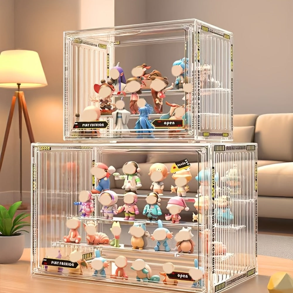Acrylic Display Case for Figures 3 & 4 Tiers with Adjustable Dividers – Clear Dust-Proof Showcase Box with Magnetic Door for 
