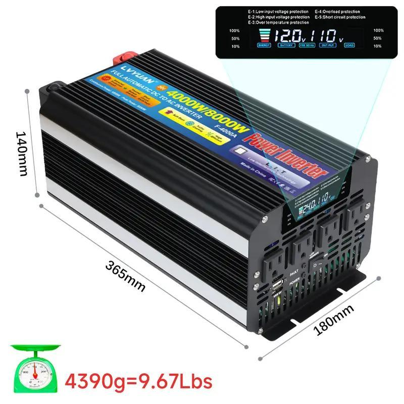 Pure Sine Wave Power Inverter 4000W 8000W Peak DC 12V to AC 110V with LCD Display Remote Control 4 AC for Garden, Patio and Y