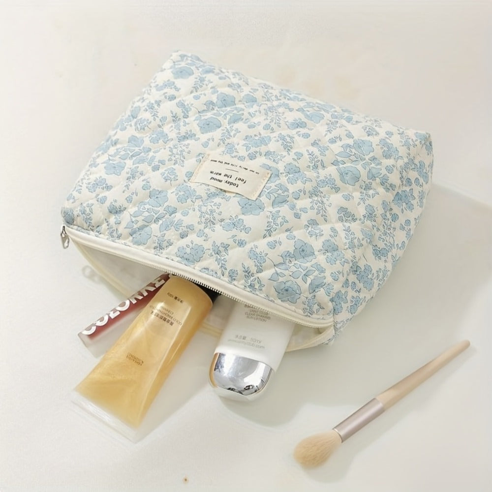Quilted Makeup Bag Set 3 Pcs Floral Pattern Large Capacity Travel Cosmetic Organizer with Gold Zipper – Polyester Skincare To