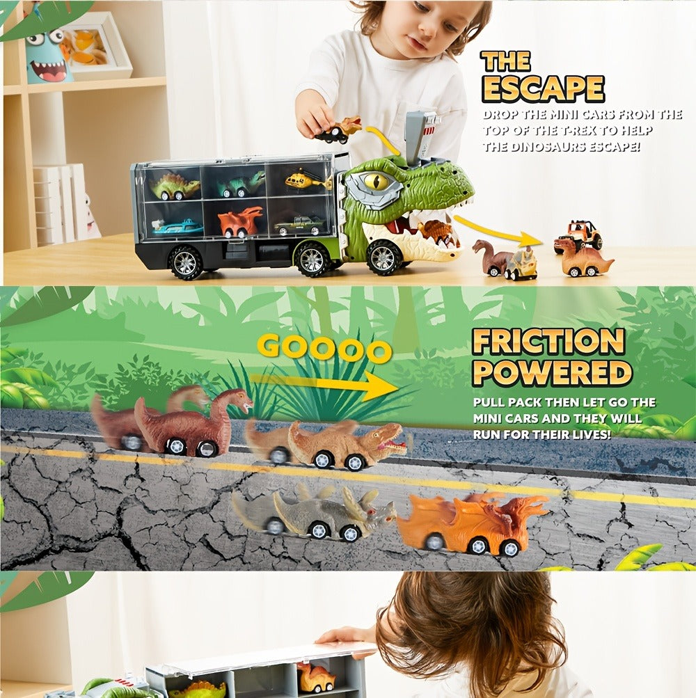 Dinosaur Truck Toy Set 13 PCS, Transport Carrier Truck with Lights & Sounds + 8 Pull-Back Cars + 3 Die-Cast Dino Vehicles + H