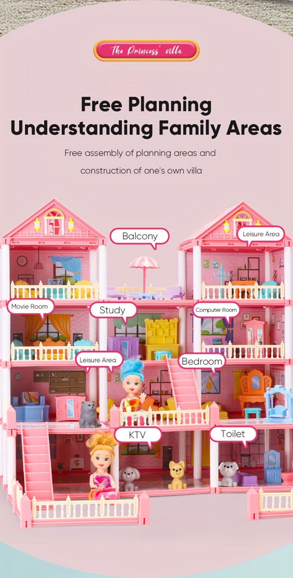 Princess Doll House Castle with Furniture & Accessories, Pink or Blue Mini Villa Playset 14 to 27 Rooms — image 20