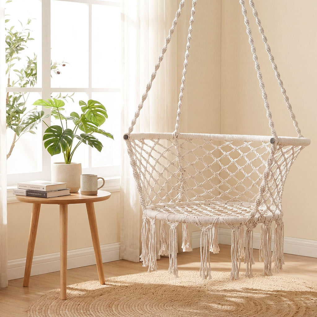 Beige Macrame Hammock Chair with Cotton Rope, Metal Frame and 31.5 x 26-Inch Hanging Seat Design — image 4