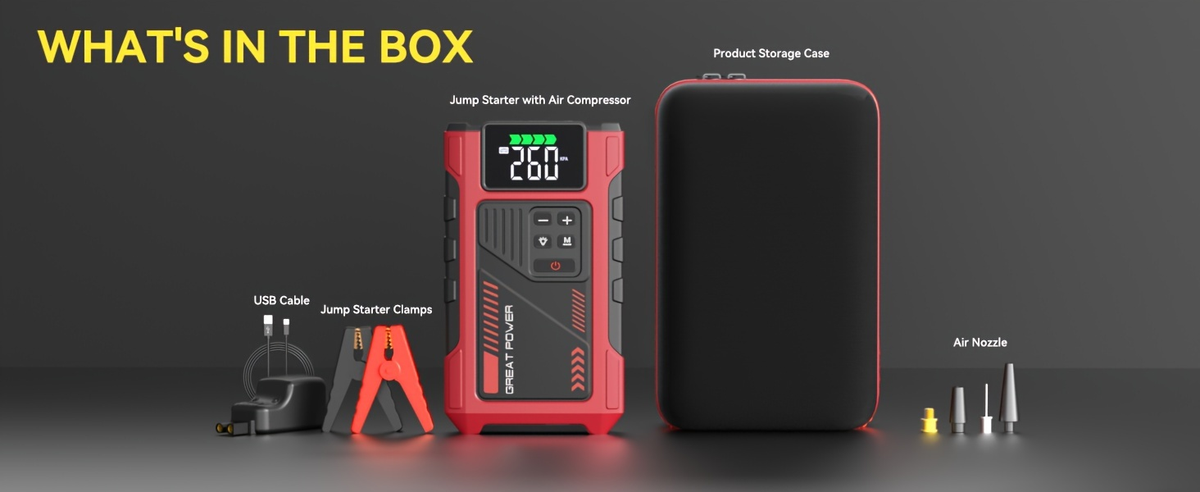 Jump Starter with Air Compressor 5000A Peak 150PSI Tire Inflator 5-in-1 Portable Car Battery Jump Pack for Garden, Patio and 