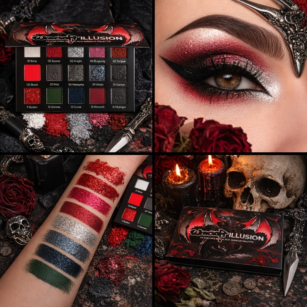 Eyeshadow Palette 15-Shade Dark Gothic Color Mix with Matte, Shimmer and Glitter Finishes in Black Case — image 2