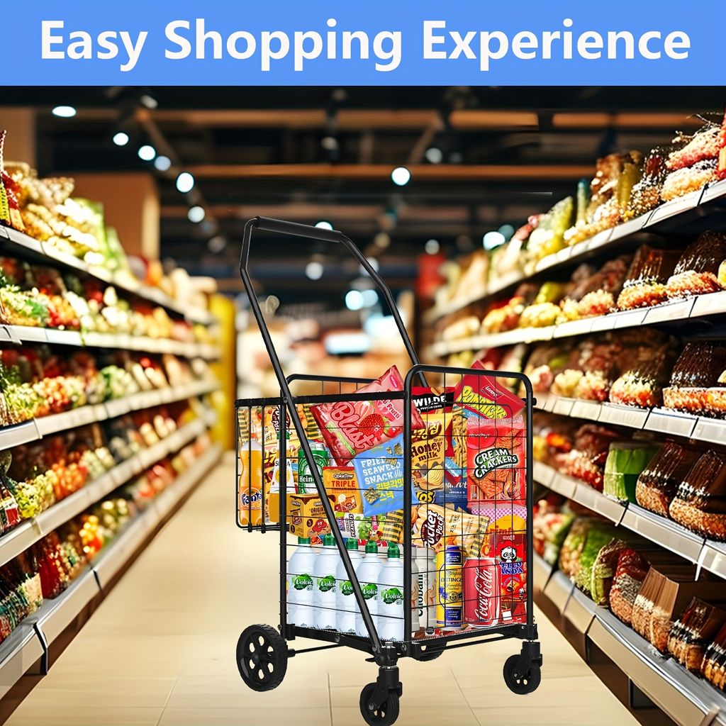 Folding Grocery Cart on Wheels, Double Basket Shopping Cart for Groceries Laundry Foldable Utility Cart — image 7