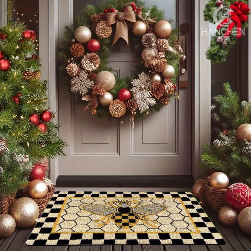 Bee Honeycomb Entryway Floor Mat with Black Check Border in Three Sizes from 15.74 x 23.62 to 17.71 x 47.24 Inches — image 4