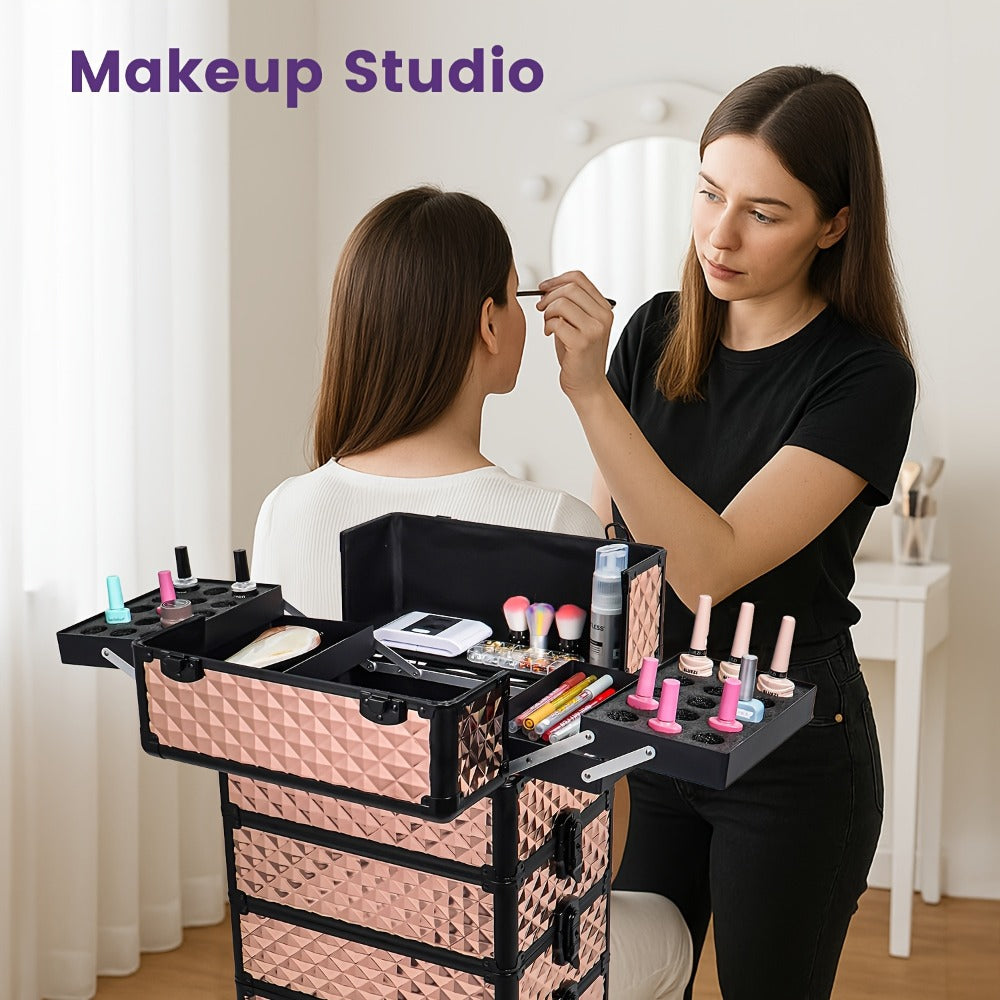 Makeup Train Case in a Large Rolling 4-in-1 Trolley Design with 360 Degree Swivel Wheels for Professional Salon Use — image 6
