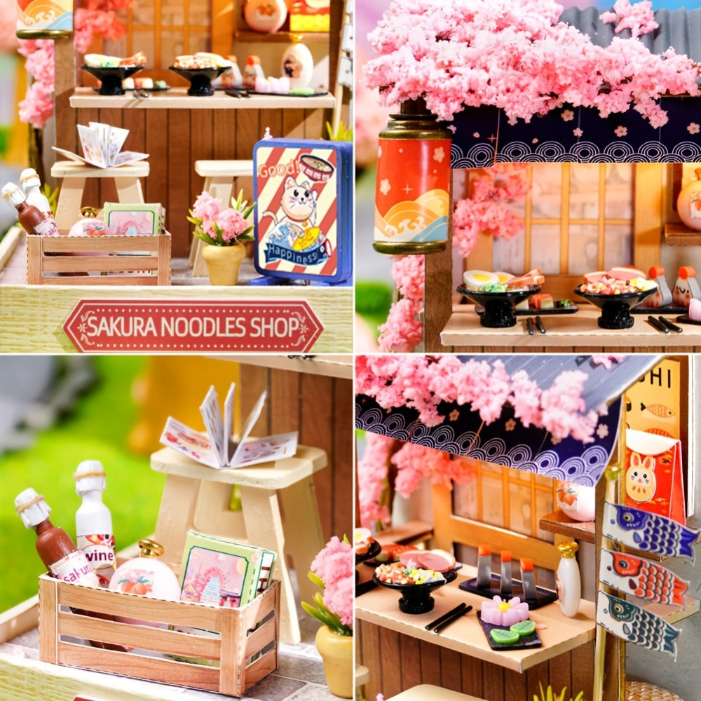 DIY Miniature Shop Dollhouse Kit with Dust Cover, Wooden Mini Store Assembly Set, 4 Themes Sakura Noodles Candy Atelier Coffe