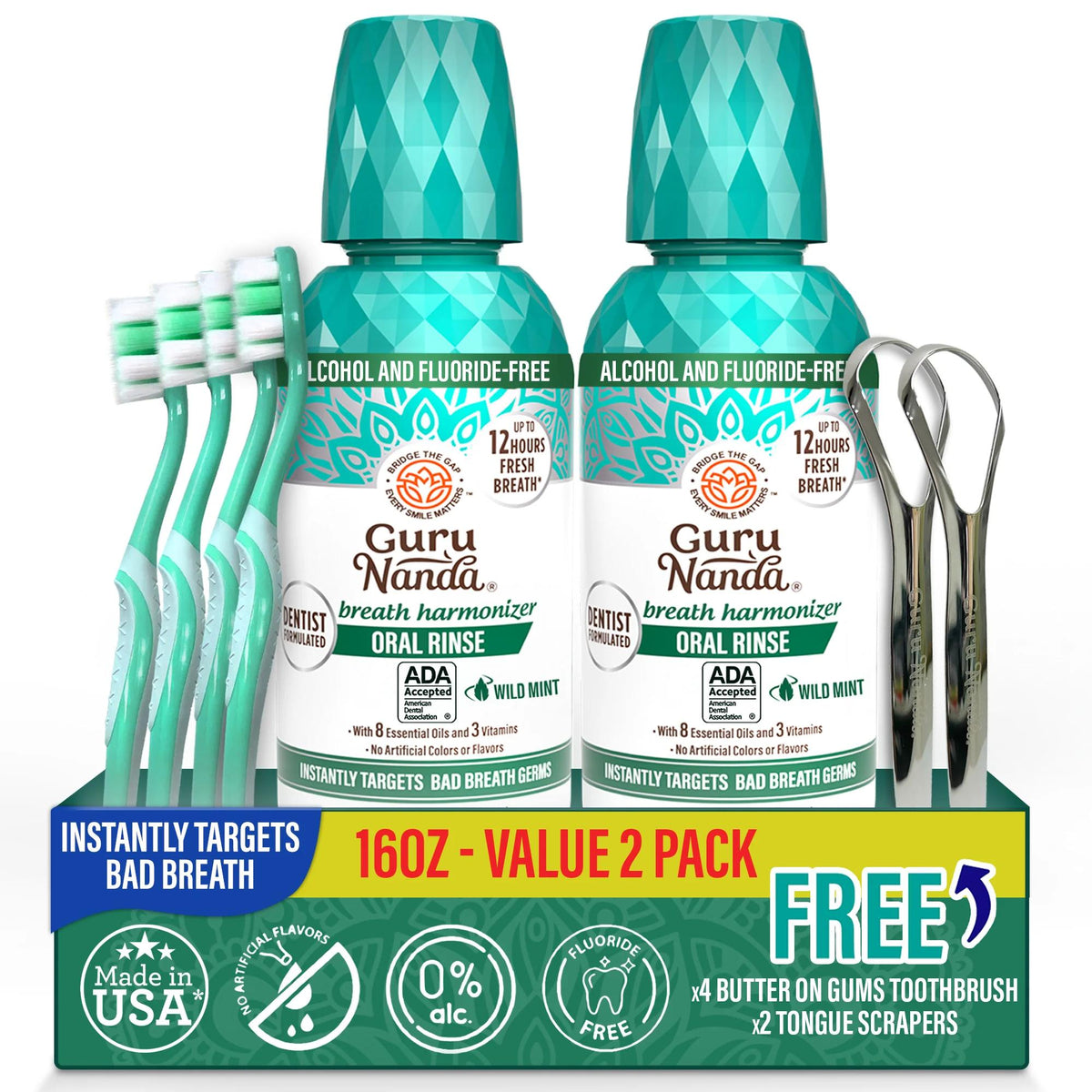 GuruNanda Alcohol Free Mouthwash 2 Pack 16 oz Each Fluoride Free Oral Rinse with 8 Essential Oils Sodium — image 10