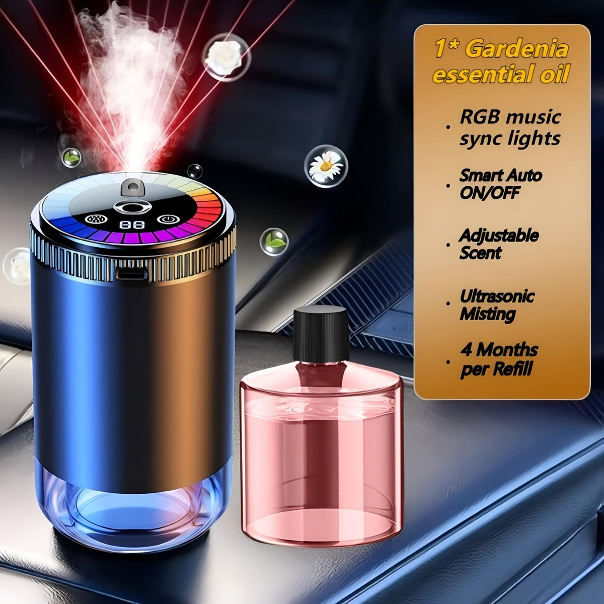 Car Aromatherapy Diffuser with Dynamic Light Show & Starry Sky Mode – Adjustable Scent Intensity, USB Rechargeable, Eliminate