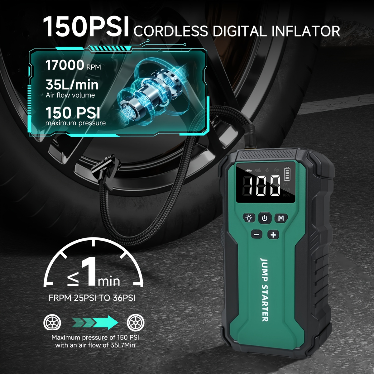 10000A Car Jump Starter with 12V Clamps, LED Light and Optional Integrated Air Pump in Red, Green or Gray — image 15