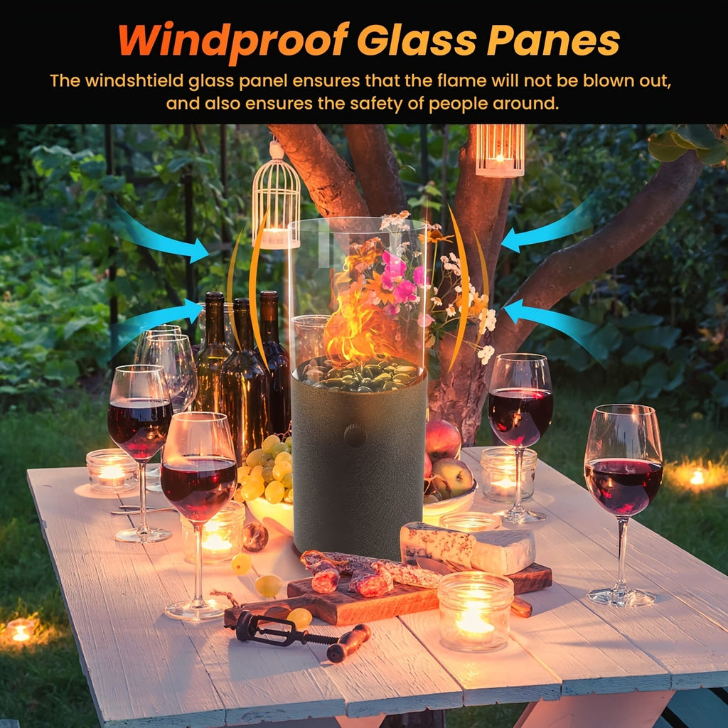 Fire Bowl Tabletop Fire Pit Indoor Outdoor Butane Fuel Mini Portable Fireplace with Glass Wind Guard for Garden, Patio and Ya