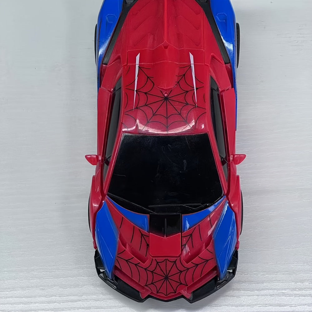 Remote Control Car, Spider-Man Pattern 1:18 Transforming Robot Vehicle with One-Button Change, LED Lights and Three Colors — 
