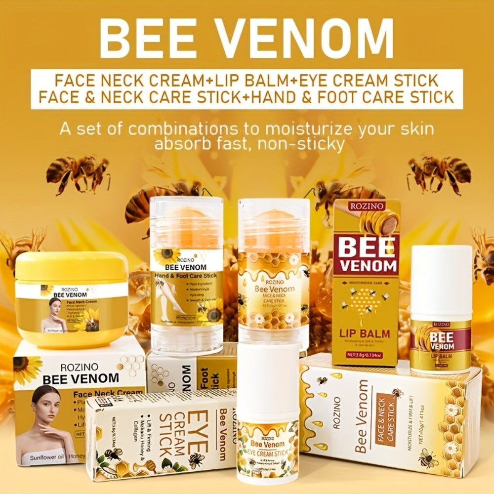 Skincare Set with ROZINO Label, 5 Bee Venom and Vitamin C Items for Lip Face Neck Hand and Foot Care — image 1