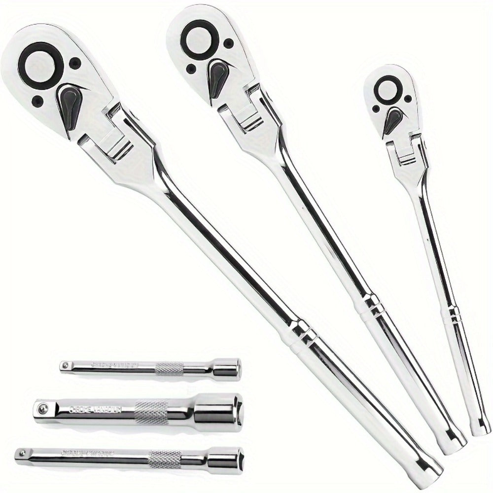 6-Piece Ratchet Wrench Set 1/4" 3/8" 1/2" Drive – Rotating Head Ratchet with Extension Bar, Chrome-Plated Stainless Steel — i