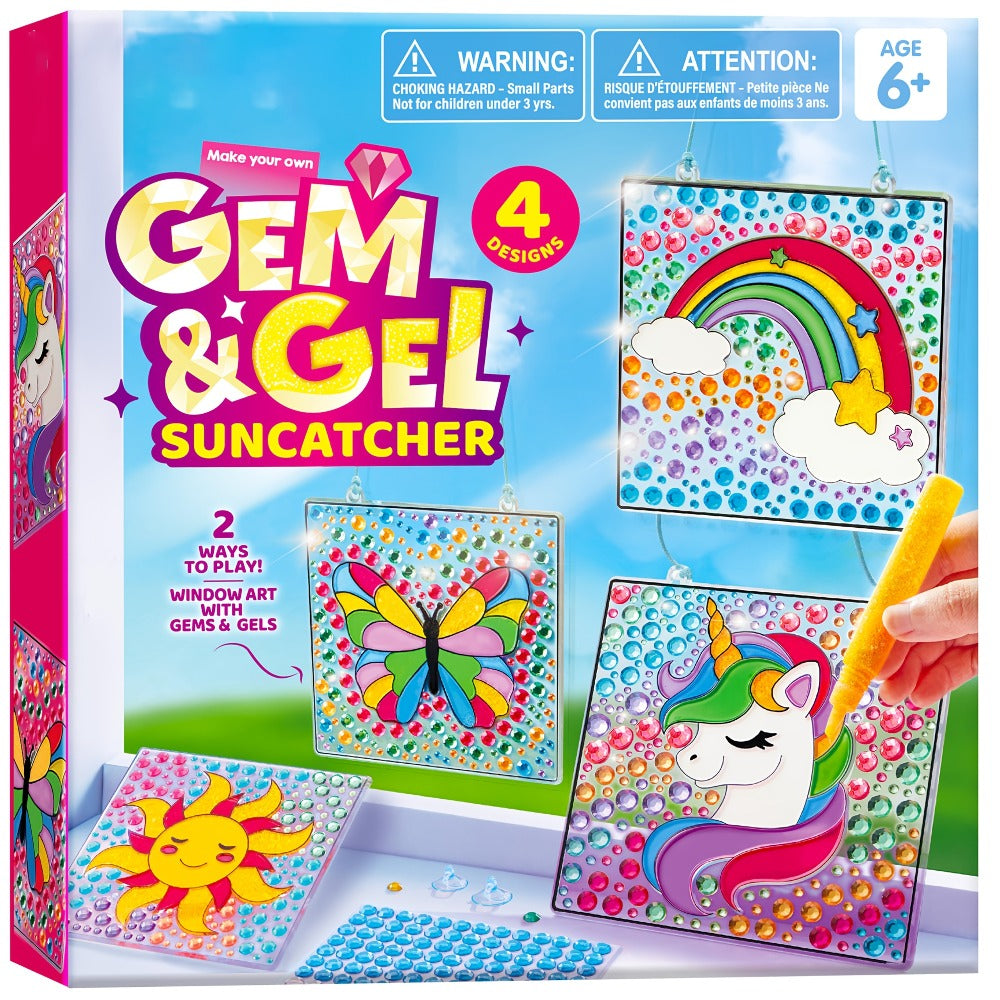 Suncatcher Painting Kit 4pcs for Kids, 2-in-1 Window Art with Gem Stickers & Paint Pens, Butterfly Unicorn Rainbow Sun Design