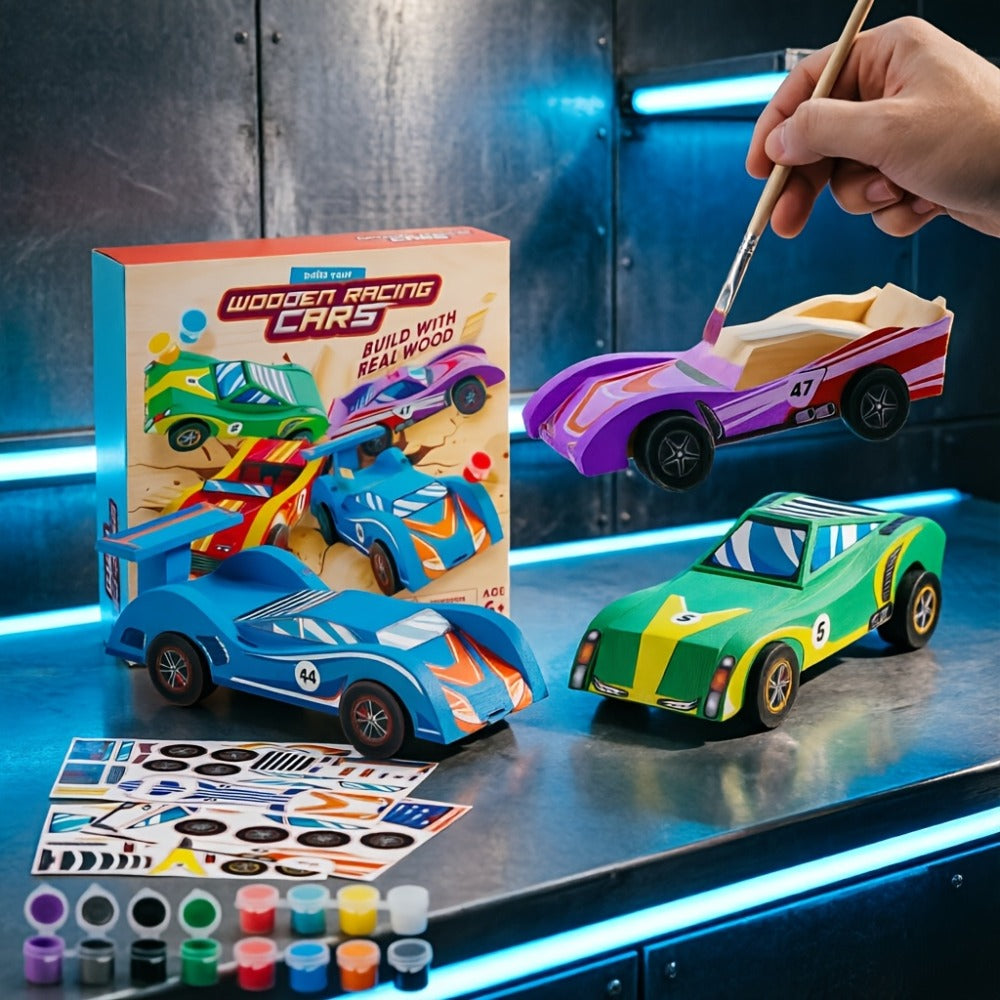 DIY Wooden Race Cars 4pcs Build & Paint Kit for Kids Ages 8+, 44 Pre-Cut Pieces 12 Colors Racing Stickers — image 1