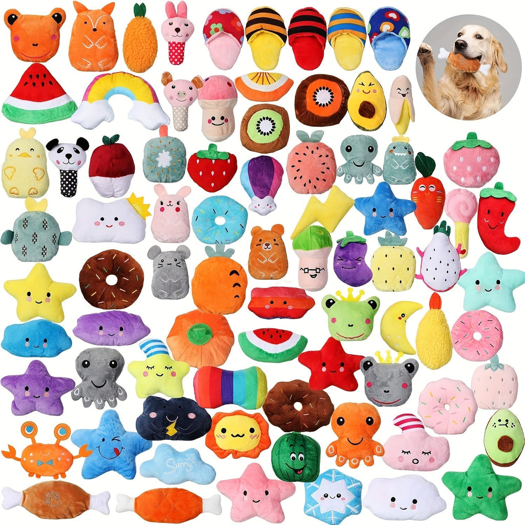 Dog Toys 80-Piece Squeaky Plush Assortment with Fruit, Animal and Novelty Shapes for Small or Medium Dogs — image 1
