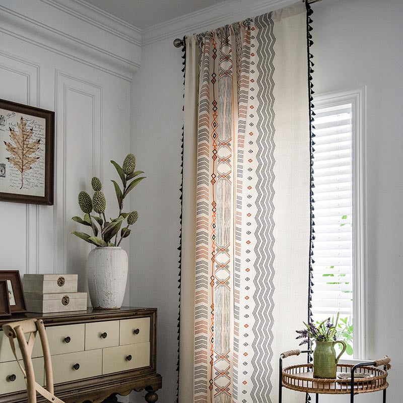 Boho Cream Cotton And Linen Print Sun Shade Non-punched Curtain Fabric