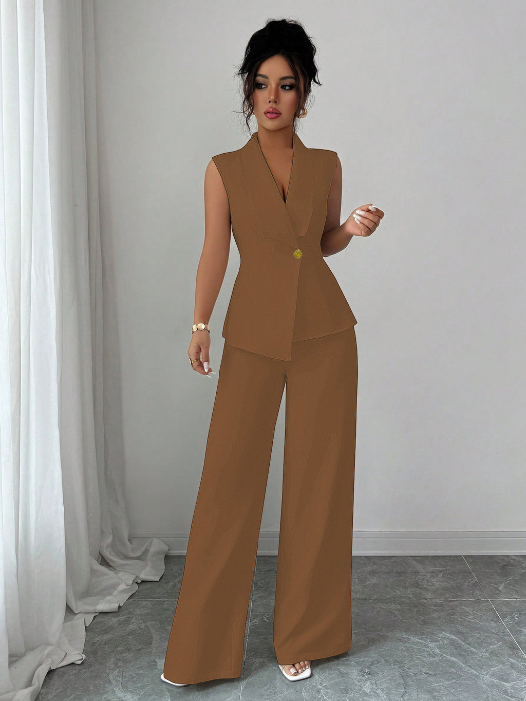 Solid Color Vest Straight-leg Trousers Suit For Women
