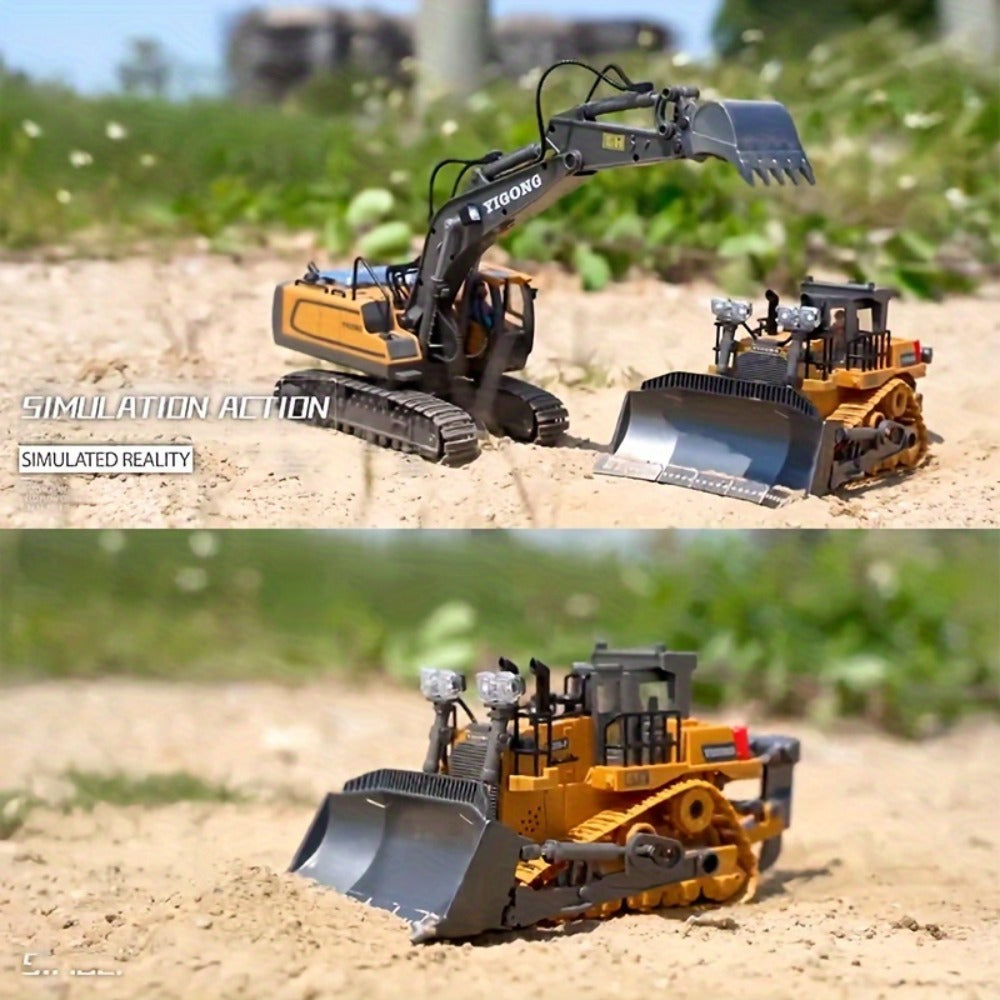 RC Construction Vehicle Toy Set 2.4GHz Remote Control Excavator Bulldozer Dump Truck Loader with Alloy Head LED Lights & Soun