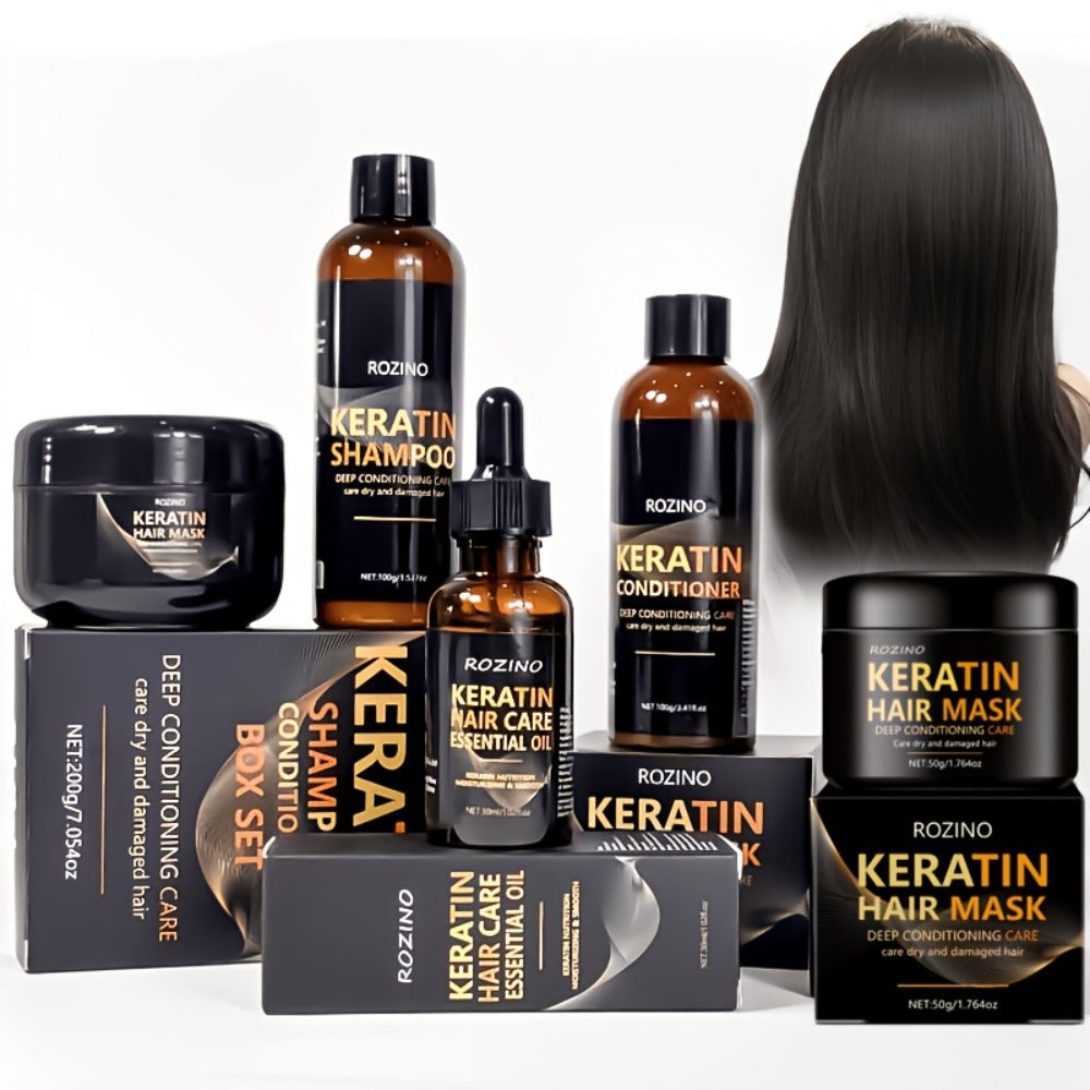 Five-Piece ROZINO Keratin Hair Care Set with Shampoo, Conditioner, Mask and Oil Container Formats — image 2