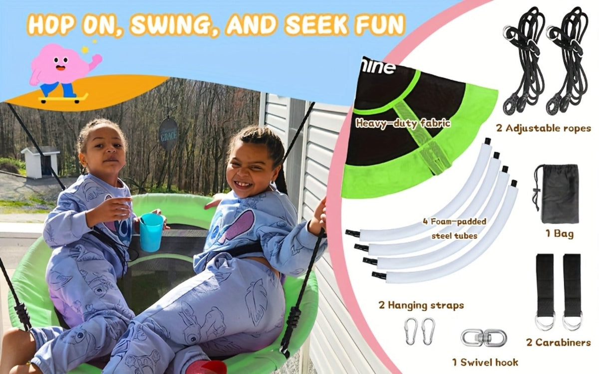 43 Inch Saucer Swing for Kids Outdoor, 360° Spinning Nest Swing with Swivel, Adjustable Ropes & Hanging Straps for Tree or Sw