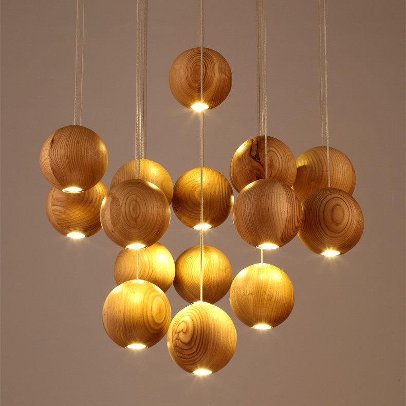 Nordic wood solid wood ball chandelier creative personality living room dining room hanging lamps