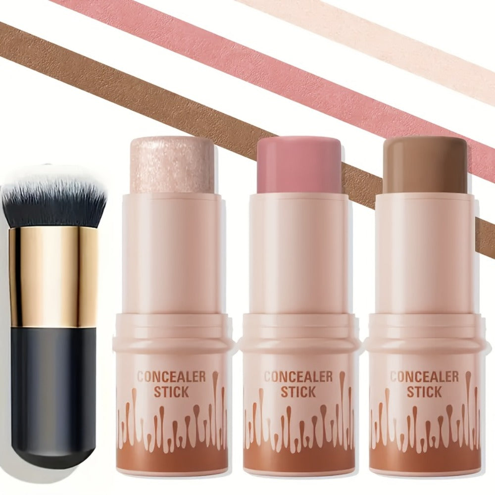Cream Contour Stick Set 3-in-1 with Blush Highlighter & Bronzer – Squalane Non-Greasy Waterproof Long-Lasting Sculpting Kit —