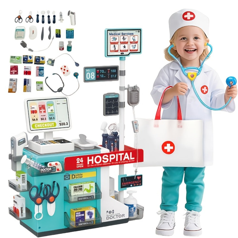 Doctor Play Set for Kids 49 PCS, Role Play Medical Station & Cashier Toy Kit for Boys Girls, Pretend Doctor Nurse Cashier — i