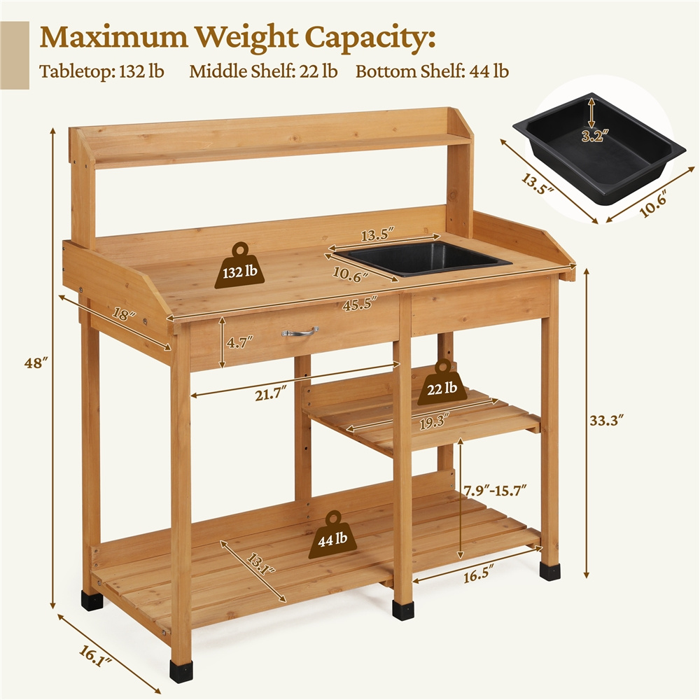 Garden Potting Table 4-Tier with Removable Sink, Adjustable Shelf, Drawer & Side Hooks, Outdoor Planter Stand for Yard Greenh