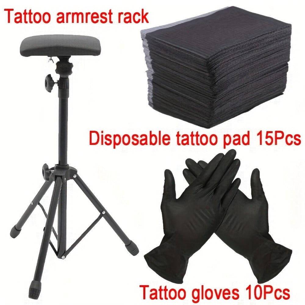 Tattoo Armrest Stand Adjustable Tripod with 15 Disposable Pads & 10 Gloves – 180° PU Padded Arm Leg Rest Portable Collapsible
