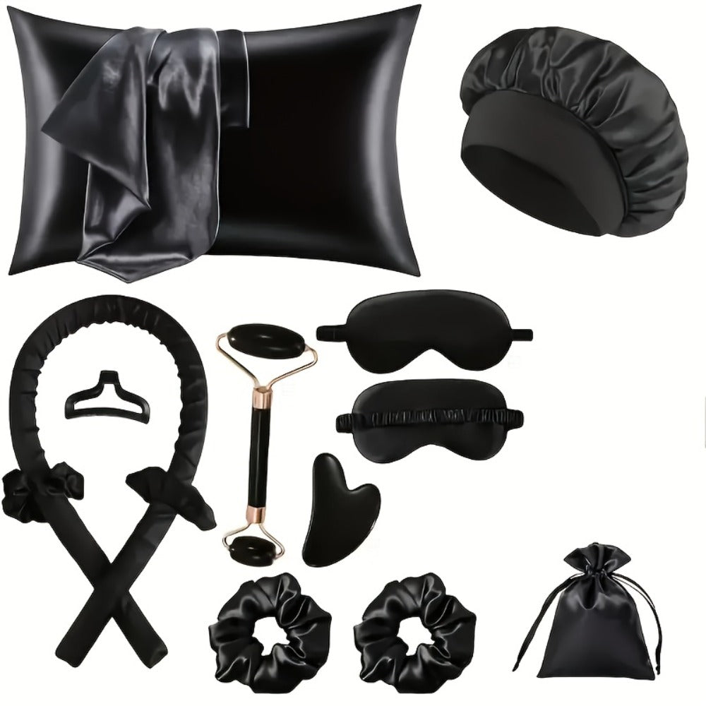 Heatless Curling Set 12pcs Overnight Sleep Hair Curlers Satin Sleep Cap Eye Mask Facial Roller Hairband Storage Bag No Heat D
