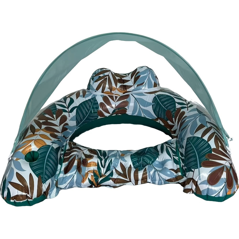 Tropical Leaf Inflatable Pool Lounger with Canopy, Cup Holder, Two Donut Drink Rings and Green or Blue Options — image 4