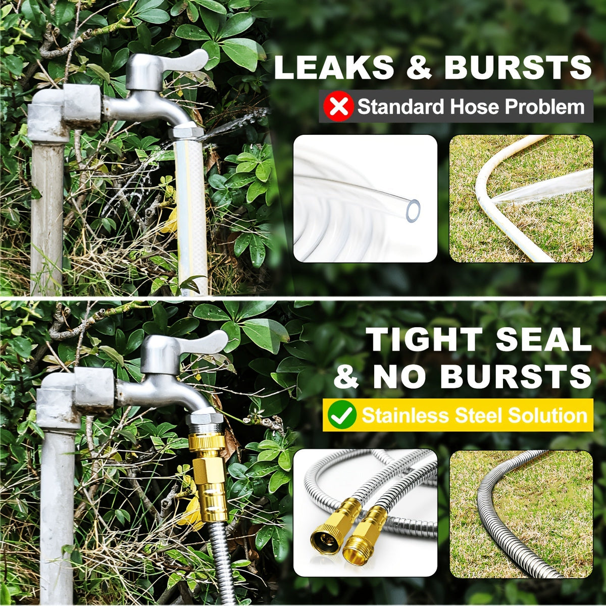 Stainless Steel Metal Garden Hose, Kink-Free, 10-Function Nozzle, Brass Fittings, 10FT to 150FT — image 4
