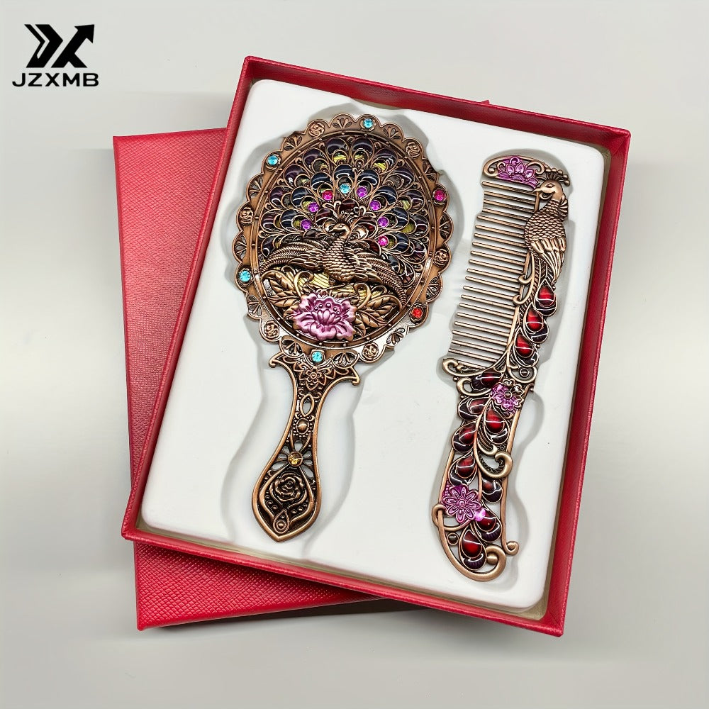 Vintage Peacock Hair Comb and Mirror Set 2 Pcs – Fine-Tooth Stainless Steel Decorative Butterfly Flower Portable Handheld Mir
