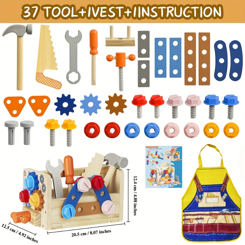 39-Piece Wooden Pretend Tool Set with Vest, Toolbox, Instruction Sheet and Six Example Builds — image 3
