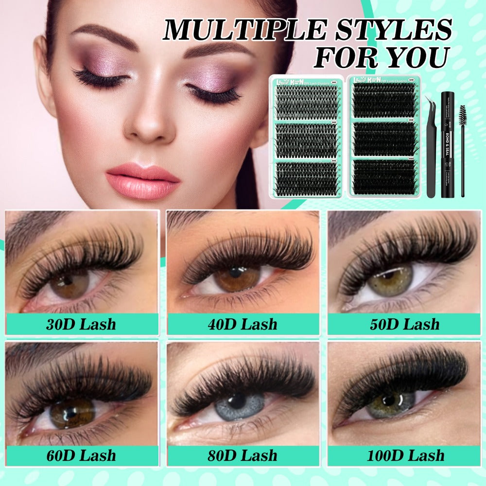 Lash Clusters Kit 708Pcs with Tweezers, Glue & Brush – Soft Silky Fiber False Eyelashes Full Voluminous DIY Lash Extension Se