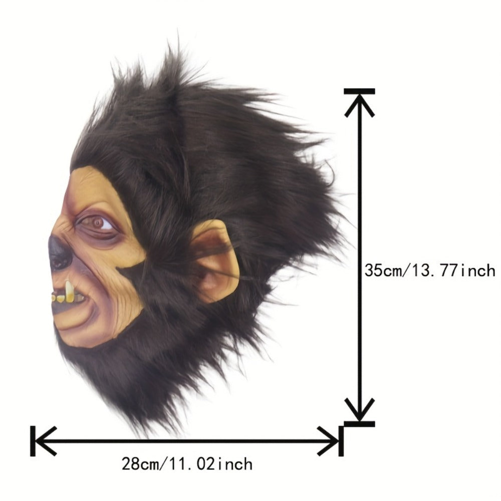 Hairy Brown Beast Costume Mask with Full-Head Creature Face, Pointed Ears and Faux-Fur Surround — image 2