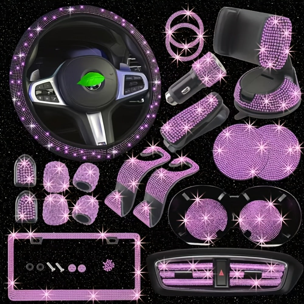 27pcs Bling Car Accessories Set for Women – Steering Wheel Cover 15", Car Coasters, License Plate Frame & Phone Holder — imag