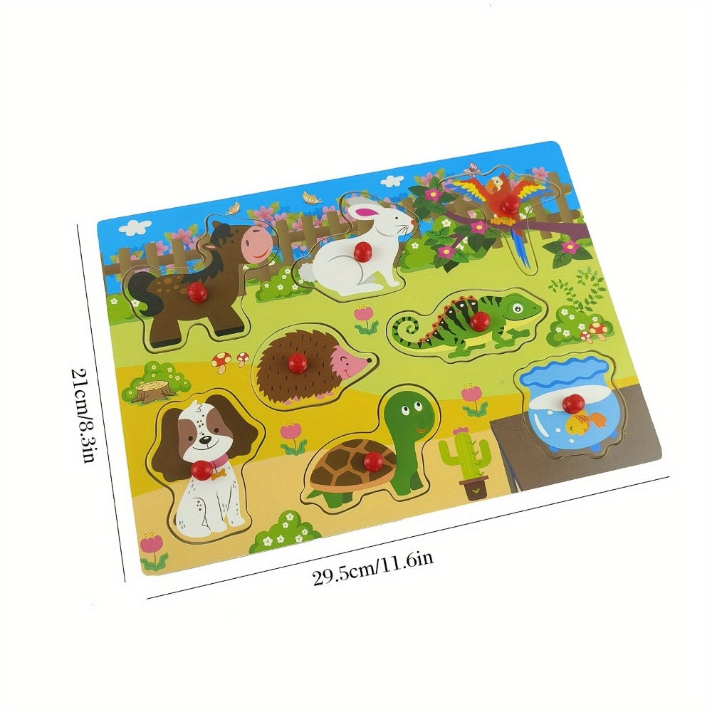Four-Board Wooden Peg Puzzle Set with Colorful Animal Scenes and Red Knob Pieces for Matching Play — image 2