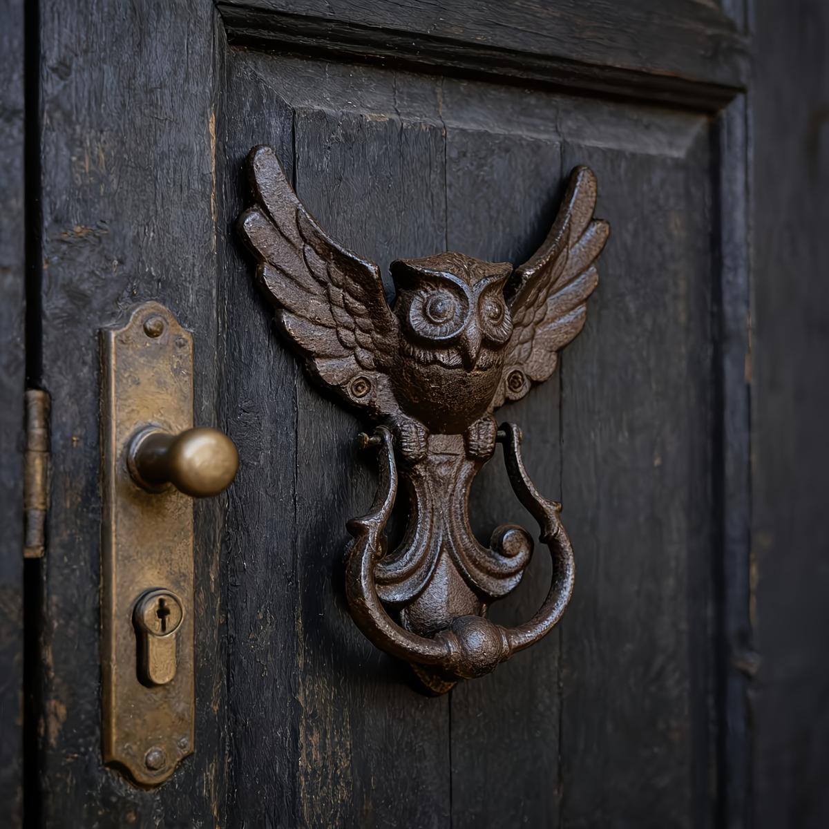 Owl Door Knocker Heavy Duty Cast Iron Winged Old Country Style Feather Detail Rustic Home Entryway Decoration Craft Gift — im
